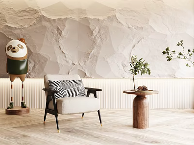 Stylish Modern Single Sofa in Contemporary Living Room with Textured Wall and Wooden Side Table 3d model