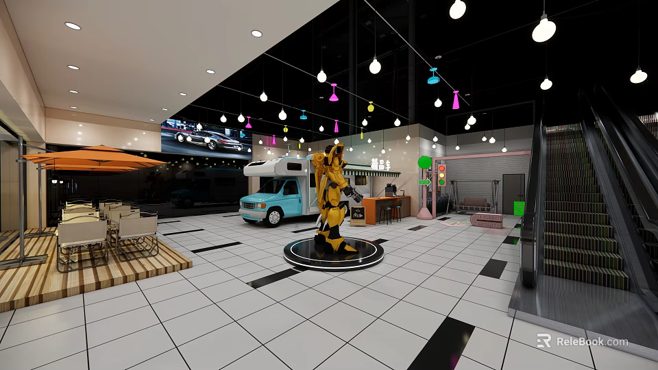 Shopping Mall Lobby With Yellow Robot Statue Light Blue Vehicle And Colorful Pendant Lights 3d model 