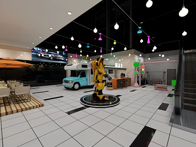 Shopping Mall Lobby With Yellow Robot Statue Light Blue Vehicle And Colorful Pendant Lights 3d model