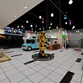 Shopping Mall Lobby With Yellow Robot Statue Light Blue Vehicle And Colorful Pendant Lights