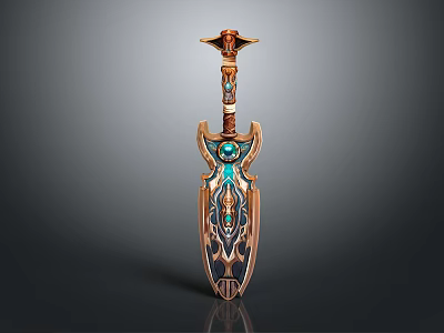 Intricate Golden Sword Sculpture With Ornate Carvings And Gemstone Accents 3d model