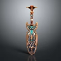 Intricate Golden Sword Sculpture With Ornate Carvings And Gemstone Accents