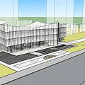 Modern Sales Office Building With Curved White Glass Curtain Wall And Night Lighting Water Feature