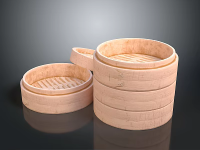 Traditional Natural Bamboo Steamers Stacked and Open for Daily Kitchen Cooking Use 3d model