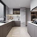 Modern Kitchen Interior With Gray Cabinets Marble Countertops Island Appliances And Large Windows