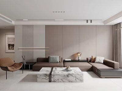 Modern Living Dining Room Interior With Beige L shaped Sofa Marble Coffee Table And Floor Lamp 3d model