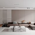 Modern Living Dining Room Interior With Beige L shaped Sofa Marble Coffee Table And Floor Lamp