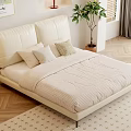 Modern Double Bed with White Leather Headboard Striped Bed Linen Bedside Lamp and Window Plant