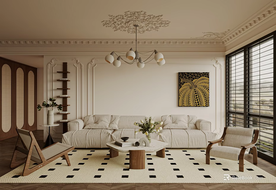 Elegant Living Room Interior With Beige Sofa Coffee Table Artwork Chandelier And Checkered Rug 3d model 