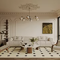 Elegant Living Room Interior With Beige Sofa Coffee Table Artwork Chandelier And Checkered Rug