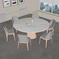 Round White Marble Dining Table Set with Gray Chairs and Wooden Base 3d model