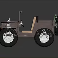 Brown Toy Off Road Vehicle With Large Tires Spare Tire And Tan Seats