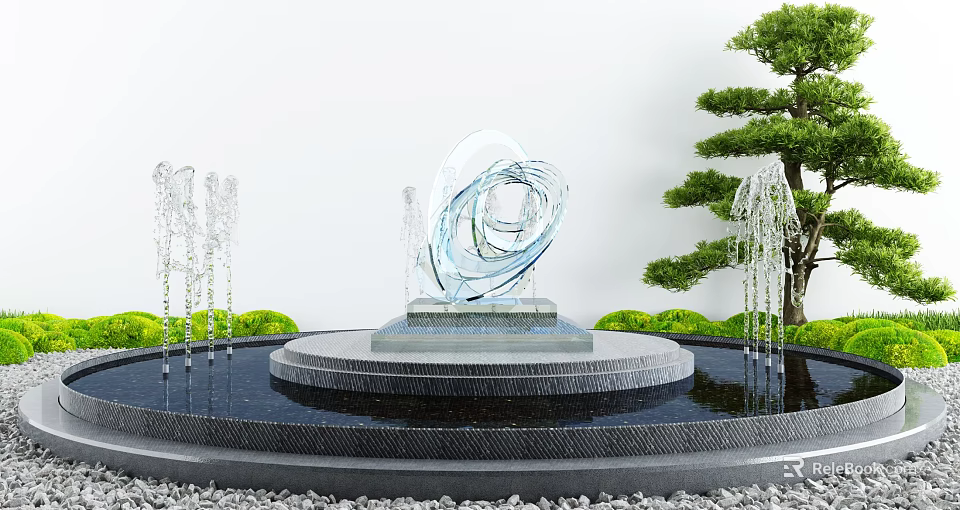 Garden Ornament With Transparent Glass Sculpture Circular Stone Platform Fountains And Green Plants 3d model 