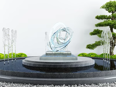 Garden Ornament With Transparent Glass Sculpture Circular Stone Platform Fountains And Green Plants 3d model