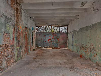 Abandoned Corridor Featuring Peeling Walls Worn Iron Door Flaking Paint And Concrete Floor 3d model