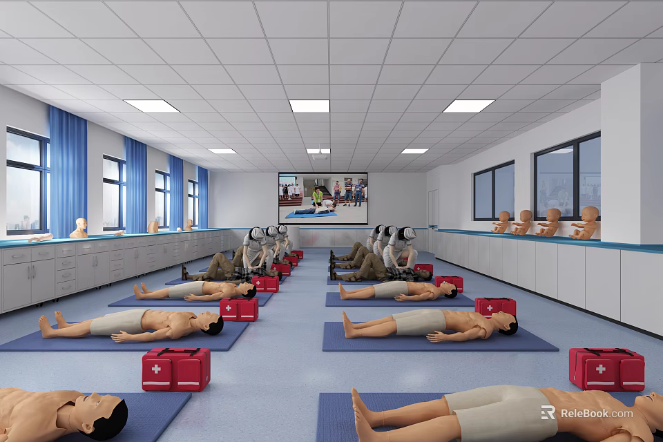 Medical Training Laboratory With Mannequins on Mats Red Boxes Large Screen and Cabinets 3d model 