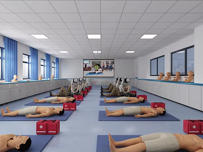 Medical Training Laboratory With Mannequins on Mats Red Boxes Large Screen and Cabinets 3d model