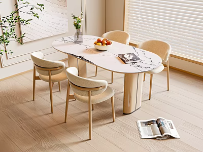 Modern Oval Marble Dining Table and Four Beige Chairs in Bright Wooden Floor Room 3d model