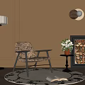 Vintage Patterned Leisure Chair In Living Space With Black Wooden Frame Round Rug And Side Table Lamp
