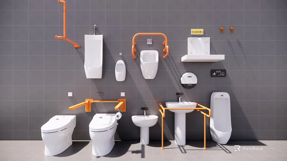 Bathroom Fixture Combination With White Toilets Urinals Sinks Orange Grab Bars On Gray Tiled Wall 3d model 