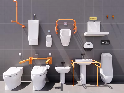 Bathroom Fixture Combination With White Toilets Urinals Sinks Orange Grab Bars On Gray Tiled Wall 3d model