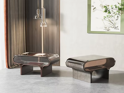 Two Modern Sleek Design Stools In Living Room Interior With Gray Floor And Brown Curtains 3d model