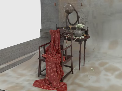 Traditional Dark Wood Dressing Table With Round Mirror Vase Fabric And Chair 3d model