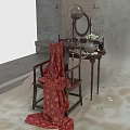 Traditional Dark Wood Dressing Table With Round Mirror Vase Fabric And Chair