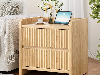 Modern Wooden Bedside Table With Vertical Striped Design Tablet Coffee Cup And Flower Vase 3d model