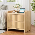 Modern Wooden Bedside Table With Vertical Striped Design Tablet Coffee Cup And Flower Vase