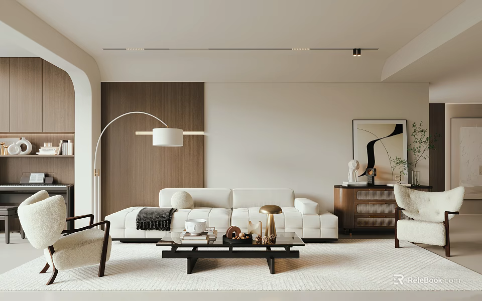 Modern Living Room Interior Design With White Sofa Wooden Accent And Floor Lamp 3d model 