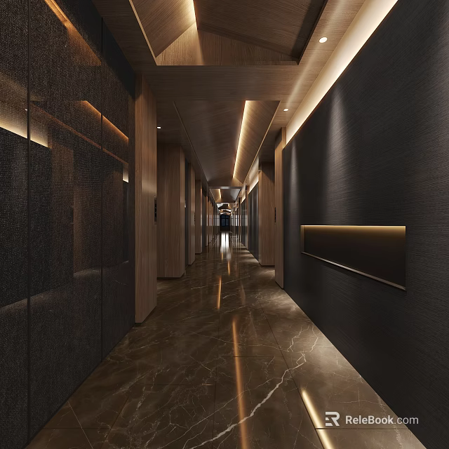 Modern Luxury Hotel Corridor With Dark Walls Wooden Ceiling Marble Flooring And Recessed Lighting 3d model 