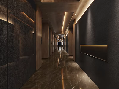 Modern Luxury Hotel Corridor With Dark Walls Wooden Ceiling Marble Flooring And Recessed Lighting 3d model
