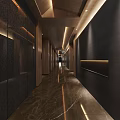 Modern Luxury Hotel Corridor With Dark Walls Wooden Ceiling Marble Flooring And Recessed Lighting