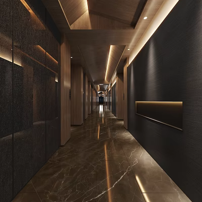 Modern Luxury Hotel Corridor With Dark Walls Wooden Ceiling Marble Flooring And Recessed Lighting 3d model