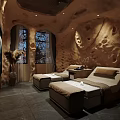 Cave Style SPA Sauna Room with Stone Walls Windows Loungers and Decorative Plants