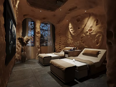 Cave Style SPA Sauna Room with Stone Walls Windows Loungers and Decorative Plants 3d model