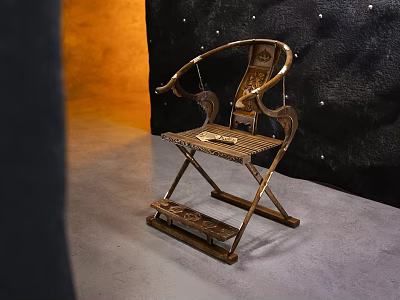 Traditional Wooden Carved Foldable Leisure Chair With Decorative Design And Dark Background And Light Floor 3d model