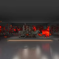Cultural Center Interior Featuring Dark Columns And Red Decorative Artworks