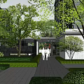 Modern Pergola Outdoor Space With Seating Area Trees Lawn And People Relaxing Walking