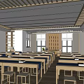 Bright School Classroom Interior With Wooden Desks Blue Tabletops Bookshelves And Windows