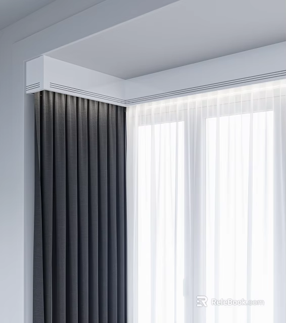 Gray And White Curtain Set For Window Decoration In Modern Room 3d model 