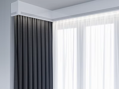 Gray And White Curtain Set For Window Decoration In Modern Room 3d model