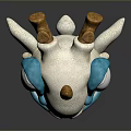 Plush Game Movie Character With White Body Blue Face Belly Yellow Horns And Big Eyes