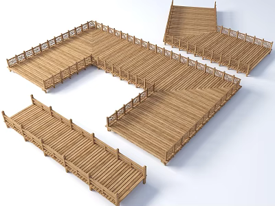 Bamboo Boardwalk Structures With Various Shapes And Wooden Railings 3d model