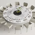 Round Marble Tabletop Dining Set With Light Colored Chairs Tableware And Central Green Plant 3d model