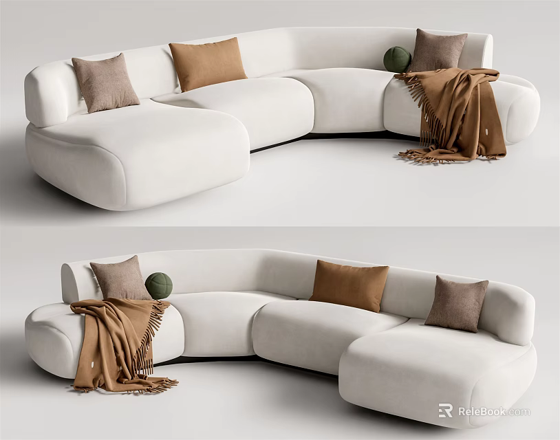 White Curved Sectional Sofa With Brown Beige Pillows And Brown Throw Blanket 3d model 