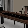 Wooden Tea Table Setup With Black Tea Set And Comfortable Chair