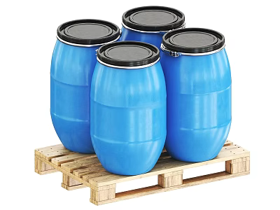 Four Industrial Blue Barrels Placed On Wooden Pallet For Storage Equipment 3d model