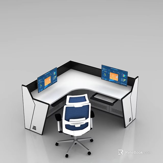 Modern Monitoring Room With L Shaped Console Dual Screens And Ergonomic Chair 3d model 